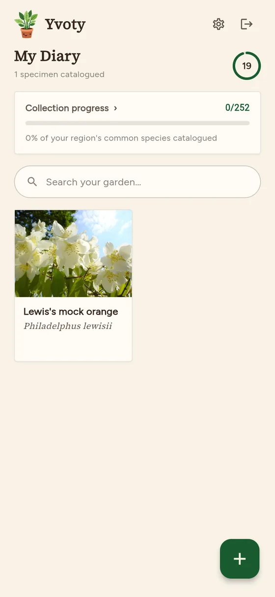 Yvoty diary with a saved plant, its photo and its name